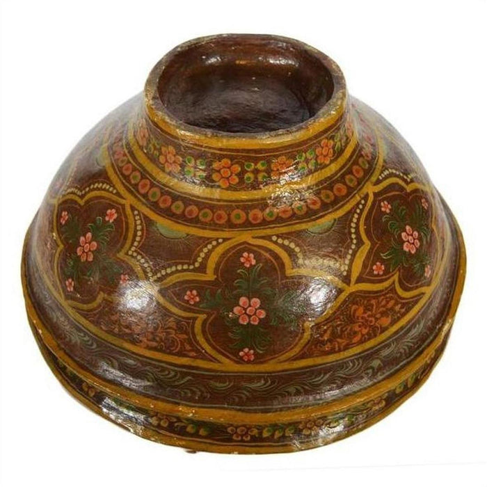 Brown ceramic bowl with a narrow opening, hand-painted with colorful floral patterns, close-up.